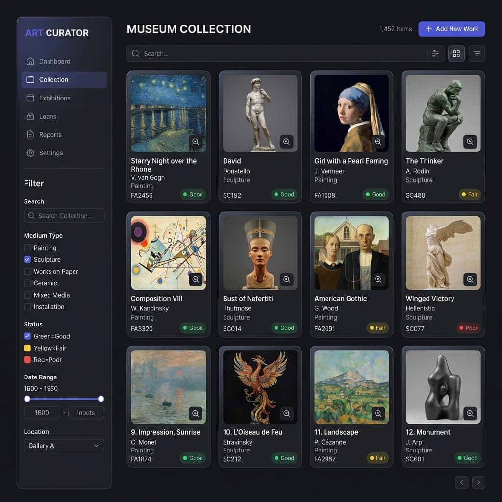 Collection management grid with artwork cards
