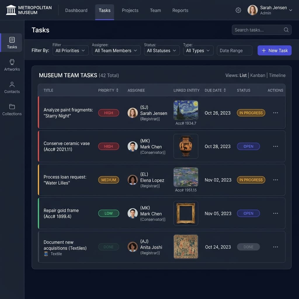 Task management board with priorities and assignments